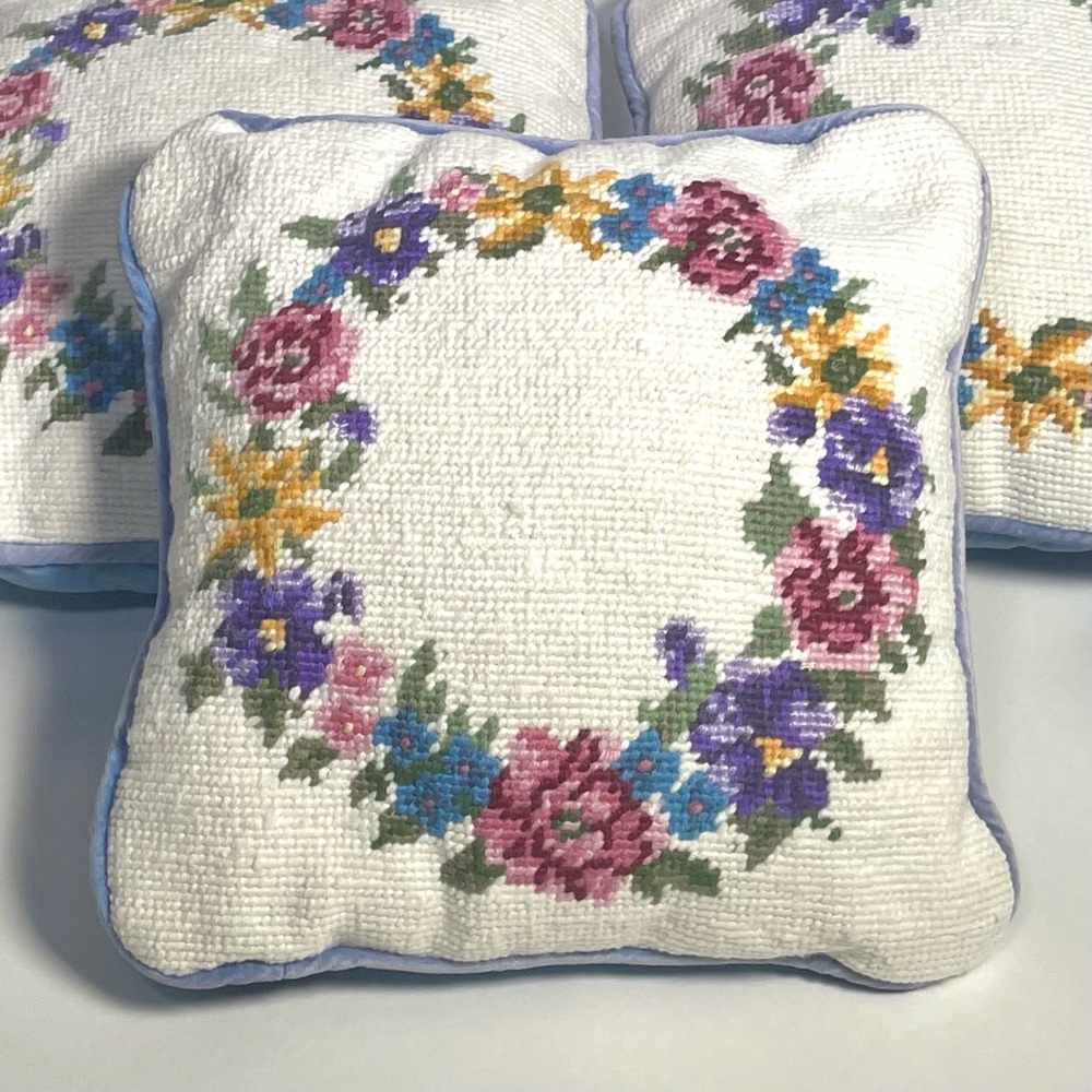 3 Vintage Floral Embroidered Pillows with Velvet 9”x9”
